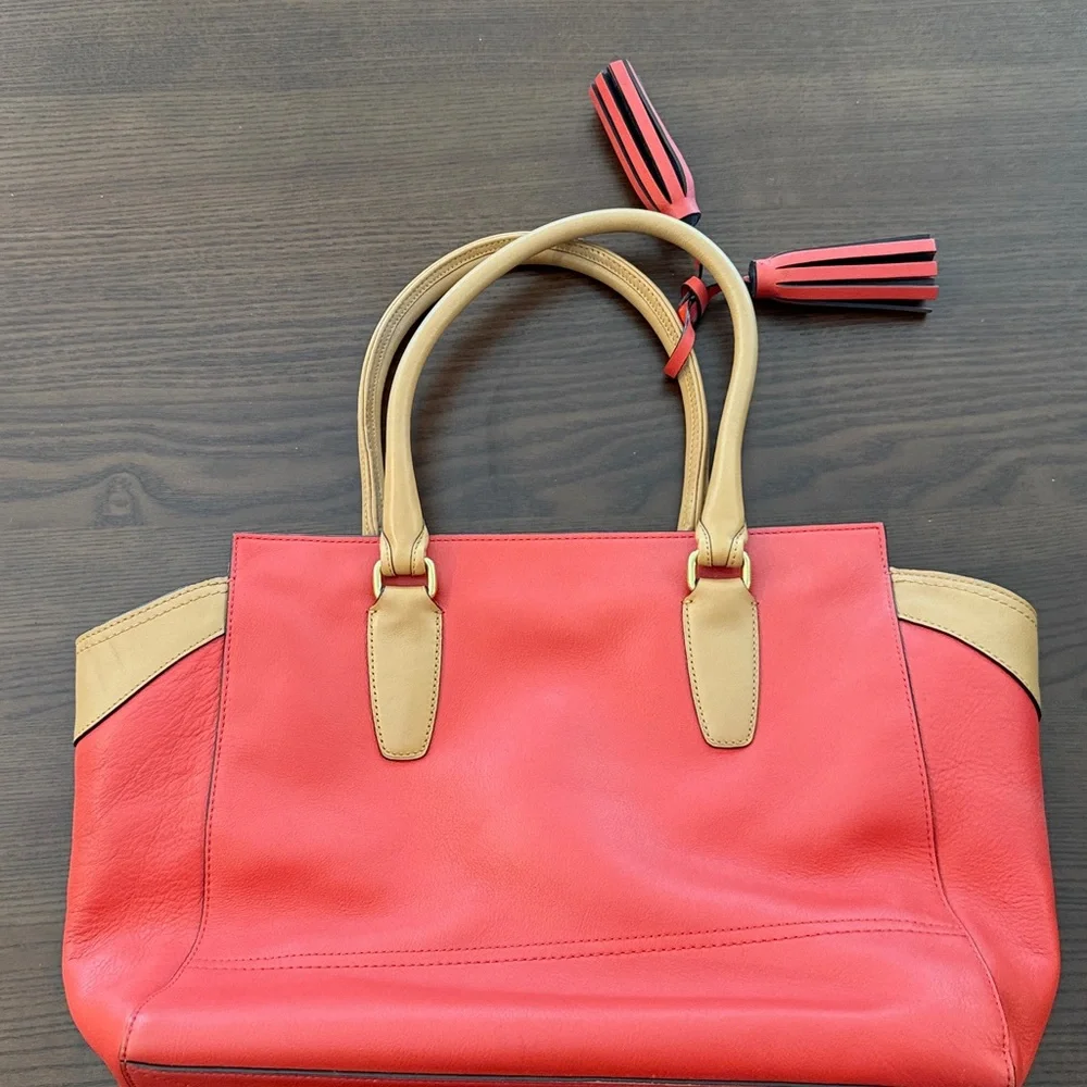 Coach Red, Navy & Tan Leather Satchel with Tassel Accents